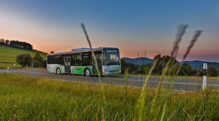 Ein grün weißer NVV Bus mit Märchendesign fährt bei Dämmerung eine Landstraße entlang