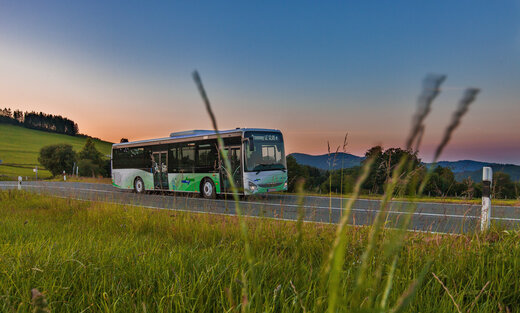 Ein grün weißer NVV Bus mit Märchendesign fährt bei Dämmerung eine Landstraße entlang