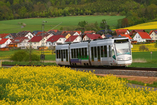 Eine Tram fährt zwischen Rapsfeldern