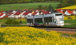 Eine Tram fährt zwischen Rapsfeldern